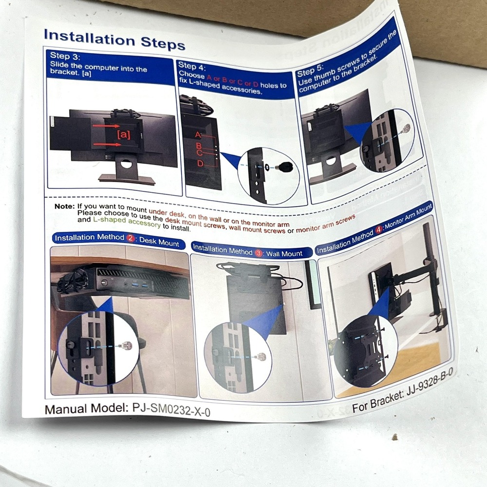 Universal Computer Mount Bracket JJ-9328-B-0 Desk Wall Monitor‎ Arm L-Shaped Kit
